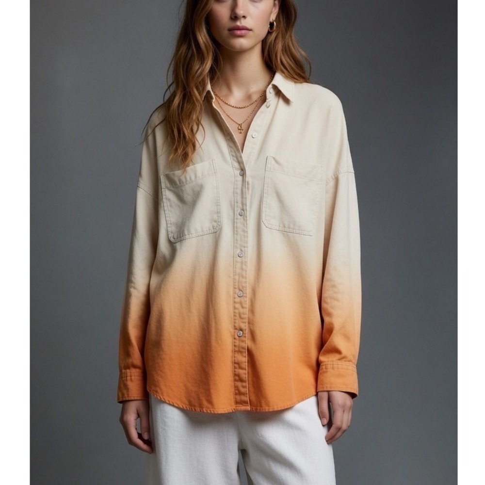 OFFLINE by Aerie Ombre Sweatshirt Shirt Jacket Women's Medium Orange Button Down